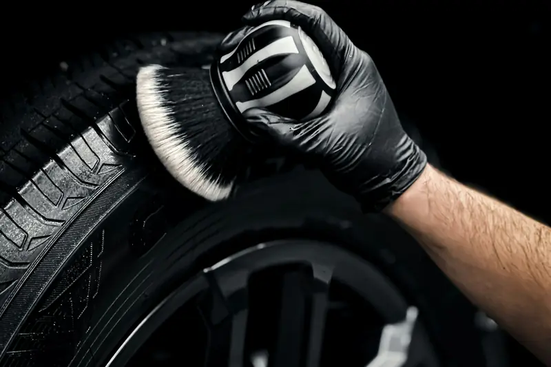 A gloved hand scrubbing a car tyre and alloy wheel with a detailing brush