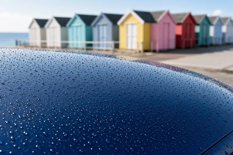 Water beading on a glossy dark blue bonnet, with colourful beach huts blurred behind