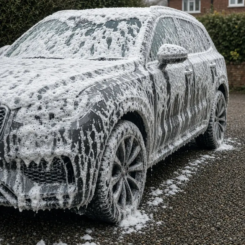 A dark SUV covered in thick snow foam on a gravel driveway